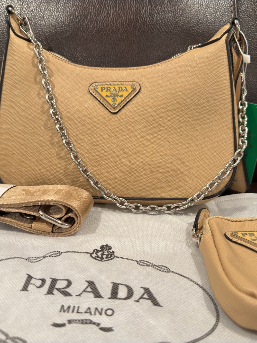 Prada Beige Saffiano Shoulder Bag with Silver Chain